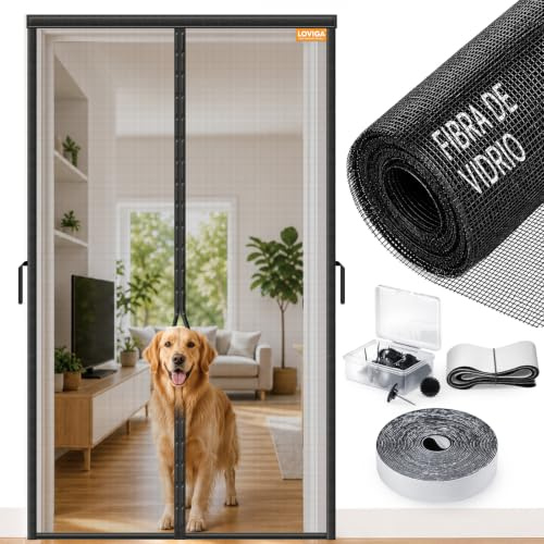 LOVIGA Mosquitera Puerta Magnética de Fibra de Vidrio 90 x 200 Negro | Antidesgarros, 50 Imanes Reforzados 4,8 cm, Cierre Automático, Bloquea Insectos, Sin Perforar, Mascotas, Varias Puertas