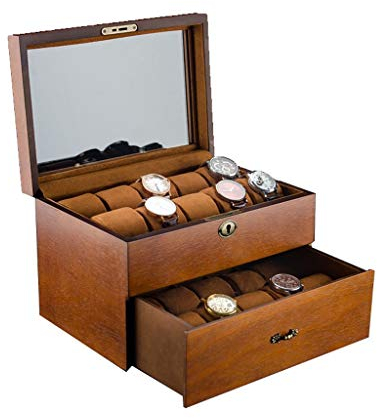 KHUY Uhrenaufbewahrung 20 Uhren, Uhrenbox Herren Holz Uhrenbox Schublade Design Uhrenkasten Damen, Watch Box Große Kapazität Schmuckuhr Organizer Aufbewahrungsbox (Color : Brown with Glass)