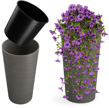 KADAX Växtkruka med inre kruka grå Ø 25 cm, höjd 47 cm – modern planteringskruka med insats, blomkruka av robust plast för inomhus- och utomhusbruk, perfekt för vardagsrum, balkong, kontor