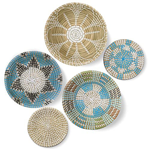 COYACOOL Gewebte Wandkorbdekoration zum Aufhängen, Boho-Stil, flach, afrikanisches Seegras, runde Körbe, 19,8 cm bis 34 cm, 5 Stück