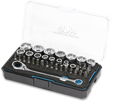 HB 39-Piece Socket Set AGM025-U | Pass-Thru Low-Profile 120-Tooth Ratchet with Patented Non-Slip Sockets for Rounded or Standard Bolts | TORX Bits Chrome Vanadium Steel Portable EVA Case Taiwan Made