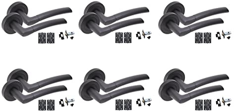 Golden Grace Indiana Lever Latch Handles on Rose, Matt Black Finish | Includes 64mm tubular latches, spindle, matching ball bearing hinges, and screws for complete, immediate installation.