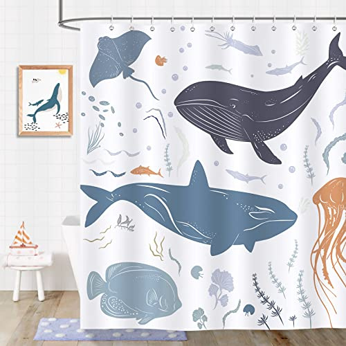 Bonhause Duschvorhang Wal Fische Ozeantier Duschvorhänge für Kinder 183 x 183 cm Anti-Schimmel Wasserdicht Polyester Stoff Waschbar Bad Vorhäng für Badzimmer mit 12 Haken