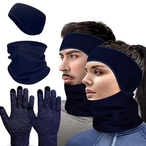 KISPATTI Ohrenwärmer Stirnband Nackenwärmer Set Fleece, Winter Ohrenschützer Stirnbänder Nackenschutz Winter Blau für Winter Outdoor Sport und Alltagstragen für Damen Herren
