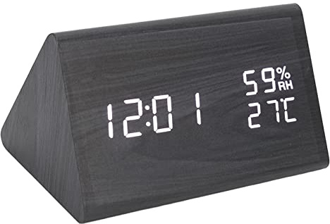 Digitaler Wecker aus Holz - Elektronischer LED-Wecker, 3 Helligkeitsstufen, Sprachsteuerung, Datums-, Temperatur- und Luftfeuchtigkeitsanzeige, Ideal für Nachttisch Home Office Schlafzimmer