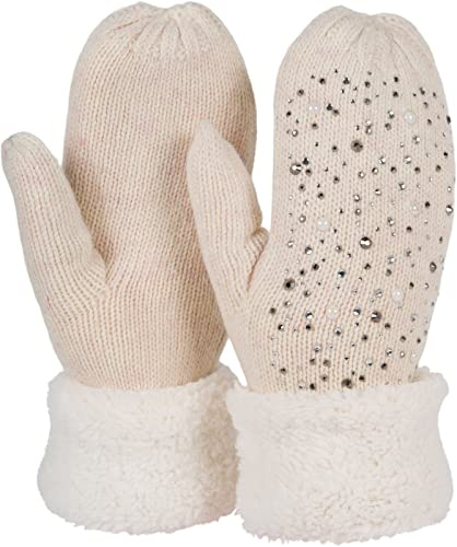 styleBREAKER Damen Strick Fäustlinge Strass Perlen | Wärmendes Thermo-Fleece-Innenfutter, elastische Passform für 16-21 cm Handumfang (Größe 6-8), ohne störende Nähte.