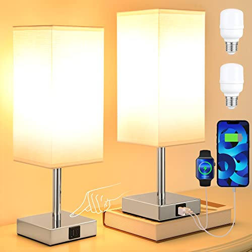 Aooshine Bedside Lamps, Touch Control Table Lamp with USB A+C Charging Ports, Lamps 3 Way Dimmable, for Bedroom Living Room-White Fabric Shade (LED Bulb Included)
