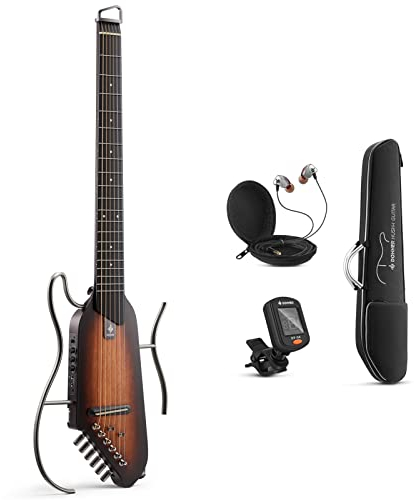 Donner HUSH-I Chitarra da viaggio - Chitarra elettrica acustica portatile, ultraleggera, silenziosa, corpo in mogano con supporto rimovibile, borsa per il trasporto e accessori