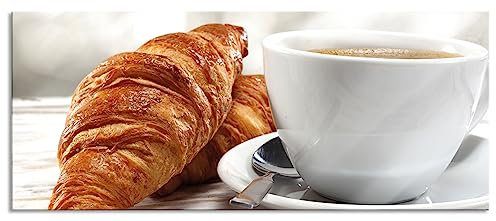 Pixxprint Glasbild Panorama, Wandbild aus Echtglas, Frisches Croissant und Kaffee, 100x40 cm, inkl. Aufhängung und Abstandshalter