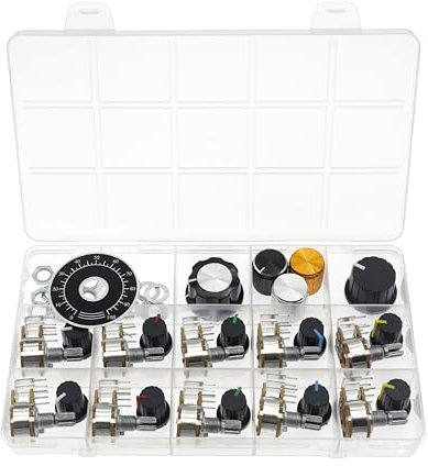 (Paquet de 10) WH148 Vertikales Zweifach-Potentiometer, nach innen gebogen, 6-polig B500K 500K Ohm Variable Widerstände 15mm gerändelte Welle Aluminiumlegierung Knopfkappen