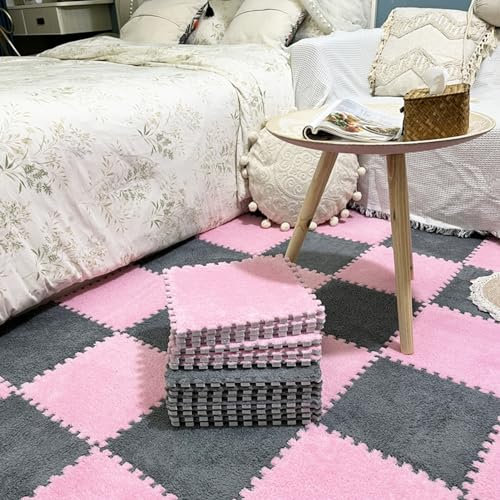 50 Stück Plüsch-Teppichfliesen, Ineinandergreifende Schaumstoff-Bodenbelag-Puzzlematten, 30,5 X 30,5 cm Große Teppiche, Schlafzimmer, Spielzimmer, Warm Halten(Size:0.39 inch,Color:Rosa+Grau)