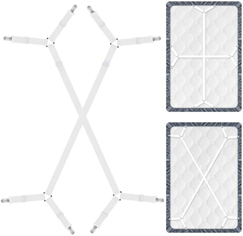 JDBlissful 2Pcs White Bed Sheet Clips - Adjustable Universal Straps, No-Slip Grippers to Keep Sheets Tight All Night