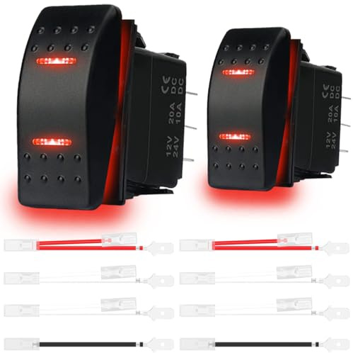MKBKLLJY 2St. Momentan-Wippschalter Kippschalter (EIN)-Aus-(EIN) 3Positionen Wasserdicht DC 12V/20A 24V/10A 7Pin DPDT Rotes LED Licht mit Überbrückungskabel Set für Marine Boot Auto