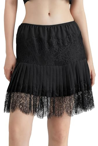 WERNZATT Lace Mini Skirt for Womens Y2K Sexy Pleated Ruffle Lace Trim Layered Flowy Short Skirts Underskirt Aesthetic Going Out Streetwear (A Black, M)