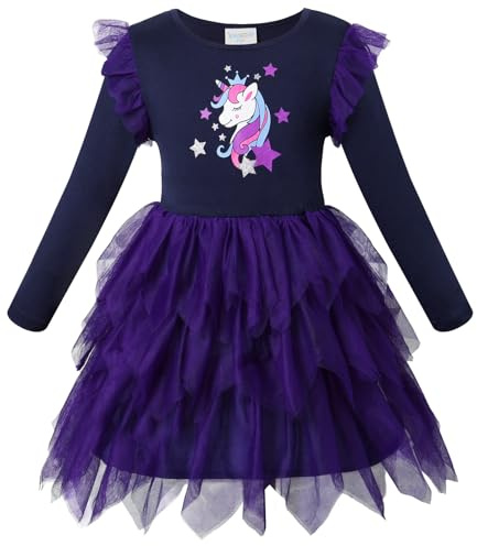 VASCHY Vestidos de Niña, Vestido Manga Larga Vestido Unicornio Princesa Mariposa Sirena Vestidos Ropa Tul Fiesta de Verano Vestido Festivo 2-10 años, Unicornio-CX132, 7T