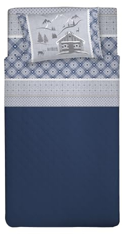 PENSIERI DELICATI Completo Letto Singolo, Flanella 100% Cotone Caldo e Morbido, Completo Lenzuola 1 Piazza 90 x 200 cm, Include Lenzuolo Sotto, Sopra e 1 Federa, Made in Italy, Chalet Blu