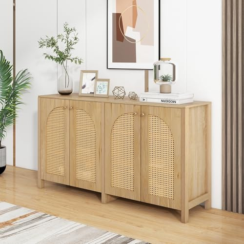Merax Sideboard mit 4-Rattantür, Moderne Buffetschrank Mehrzweckschrank mit viel Stauraum, Verstellbare Ablage, Beistellschrank für Wohnzimmer, Esszimmer, Flur, Küche, Landhausstil, Natürlich, 145cm