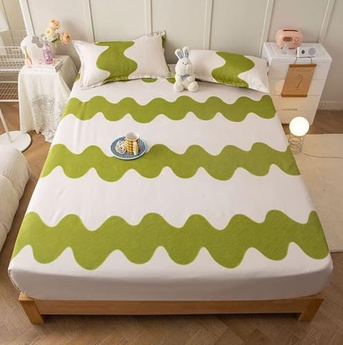Fitted Sheet 150x200cm, Grün Weiß Spannbetttuch Wellenmuster Polyester Spannbettlaken