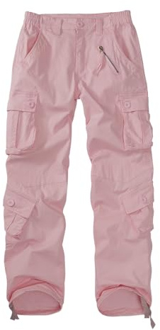 XNMAYA Women's Cotton Mid Waist Pink Cargo Pants Casual Jeans Combat Work Trousers with 9 Pockets US 10-Tag 30
