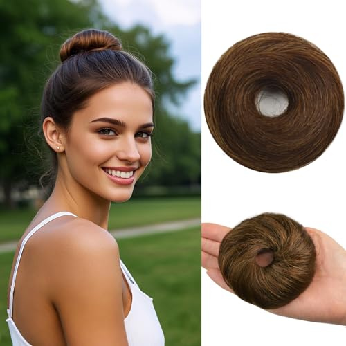 Haarteil mit Elastizitätsband Echthaar Haarteil Straight Haaren Donut für Damen Haare Bun Pferdeschwanz（Mittelbraun）
