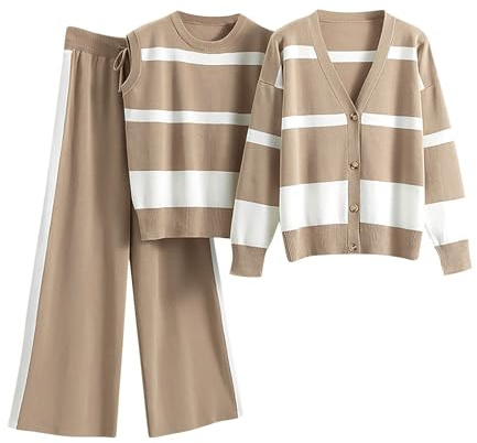 Generisch Strickanzug Damen Set 3 Teilig Gestreift Hausanzug Damen Kuschelig Hosenanzug Damen Elegant 3 Teiler mit Weste Freizeitanzug Frauen Weites Bein Strick Anzug Zuhause Outfit mit Strickjacke