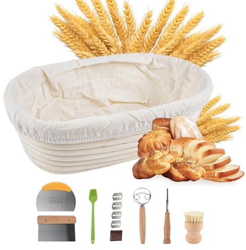 Sauerteig Brot Backzubehör Set Ovaler Proofing Korb 10in Rattan mit Liner Teigschaber Pinsel Double Loop Schneebesen Bambus Pinsel Sauerteig Starter Kit Brot Pfanne Banneton Korb