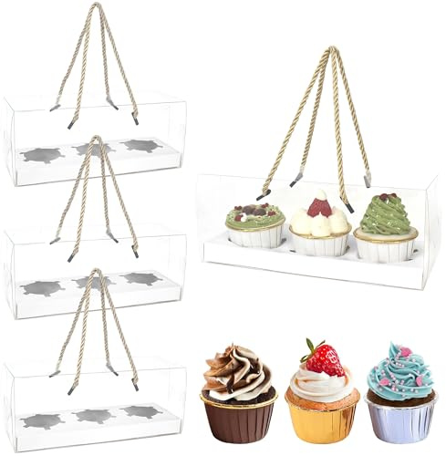 YankMooM 10Pack Clear Cupcakes Boxes,24.5 x 9 x 10cm Transparent Rectangle Cupcake boxes with handle Cupcake Display Boxes for Weddings Party Baby Shower