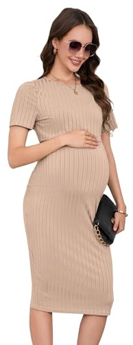 Yesfashion Umstandskleid Sommer 2-teilig Set Schwangerschaftskleid Kurzarm Ärmelloses Kleid + Kurzes Oberteil Stillkleid Schwangerschafts Etuikleid Khaki S