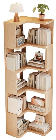 JFOZDM 5-Tier Corner Bookcase, Wood Bookshelf, Corner Shelf Unit, Freestanding Storage Unit, Space-saving, L-Shaped Shelving Unit for Living Room, Bedroom, Hallway, Home Office, Easy to Assemble