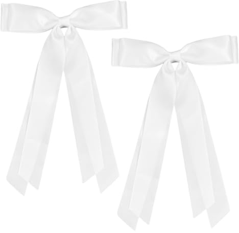2Pcs White Hair Bows with Long Tail, Silky Satin Tassel Ribbon Bowknot Hair Clips Metal Spring Barrette Accessories for Women