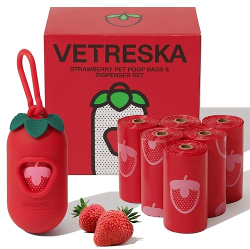 VETRESKA Dog Poo Bags with Dispenser - 105 Extra Thick Leak Proof & Strawberry Scented Pet Waste Bags Refill Rolls (7 Rolls) | Strong Poop Bags for Dog Walking, Cat Litter, Puppy, Red