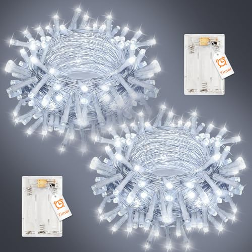 Peasur Lichterkette Batterie mit Timer, 10M 100 LED Kaltweiß Weihnachten Lichterketten Batteriebetrieben, 2 Modi Wasserdicht Lichterkette Innen Weihnachtsdeko für Hochzeit, Party, Zimmer, 2 Stück