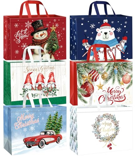 DECHISY 6 Stück Weihnachtstüten Groß, Geschenktüten Weihnachten mit Griffen, Non Woven Weihnachtsgeschenktüten, Wiederverwendbare Geschenktaschen Weihnachten Geeignet für Urlaub, 42 x 32 x 18 cm, xxl