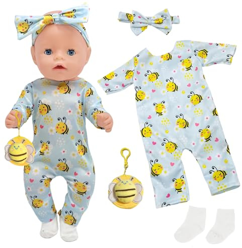 4 Stück Babypuppenkleidung für 35,6–45,7 cm große Babypuppen, 35–43 cm Bienen-Overall Outfits mit insgesamt Stirnband, Tasche, Socken, niedliche Biene, 43 cm, Puppenkleidung, Zubehör, Mädchen