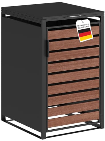 STEELSØN Kestra Mülltonnenbox 1er bis 240L, Graphitschwarz, Nussbaumoptik | Mülltonnenverkleidung aus Stahl mit Sichtstreifen, hochwertiger Müllcontainer für 1 Tonne, Müllbox, Gerätebox, wetterfest