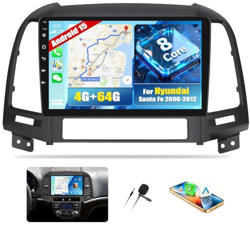 Zomolither 8 Core 4G+64G Android 15 para Hyundai Santa Fe 2006-2012con Navi Carplay Android Auto, 9 Pulgadas Pantalla Doble DIN autoradio con Bluetooth5.0 FM/RDS EQ DSP SWC