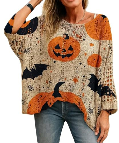 Halloweentröja dam virkad pumpa överdimensionerad pumpa stickad topp | Tröja med rund hals långärmad tröja lättviktig vintage sweatshirt utan huva tröja höst tröjor