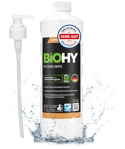 BiOHY Flüssig Seife (1l Flasche) + Pumpspender | Hautschonende, rückfettende Handseife | PHOSPHATFREI | Geruchsneutral für Spülküchen, Gastronomie & Sanitärbereiche | Ohne Parfüm & Farbstoffe