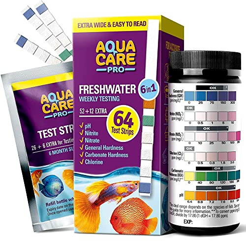 Aqua Care Pro Aquarium Wasser Teststreifen - 64 Stück Zubehör Test Set - 6 in 1 Wassertest auch für Teich und Aquaristik auf pH, Nitrit, Nitrat, Chlor, Härte & Carbonate