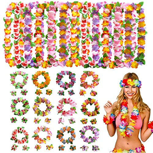 48 stücke Hawaii Blumen Halsketten, Bunten Hawaiiketten Hawaii Blumenketten Blumen Armbänder Stirnbänder, Tropische Tiki Hibiscus Blumen Luau Party Gefälligkeiten Liefert Hawaiian Leised Dekorationen