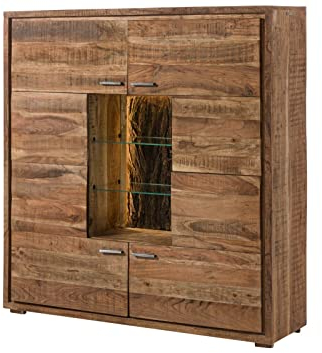MASSIVMOEBEL24.DE | Bark Highboard Massivholz by WOLFMÖBEL, mit LED-Beleuchtung, echte Baumrinde der Akazie, 4 Türen, rustikales Akazienholz, Wohnzimmer Schrank Naturholz lackiert