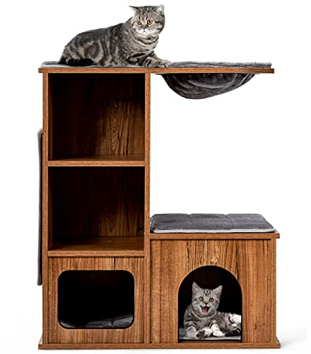 GYMAX Kratzbaum 81 cm für Katzen, Katzenkratzbaum mit abnehmbaren Kissen, Katzenmöbel aus Holz, Katzenhaus bis 20 kg belastbar, inkl. Sisal Schleißkissen & Hängematte, mit 2 Höhlen & 2 Katzenregale