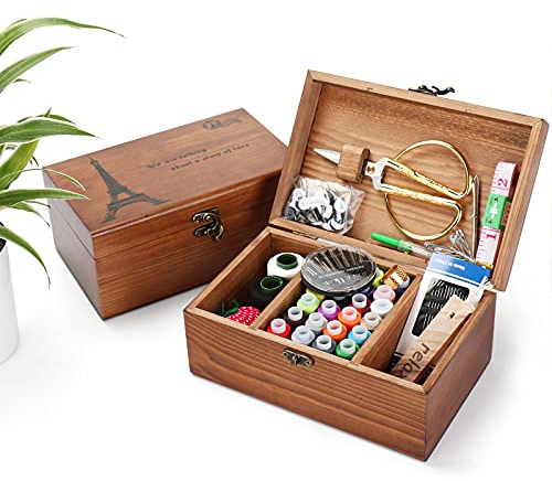 Joyeee Scatola da Cucito in Legno - Premium Cestino da Cucito Vintage con Accessori da Cucito Completi, Portatile Valigetta Sarta per Principianti, Casa e Emergenza Uso#3