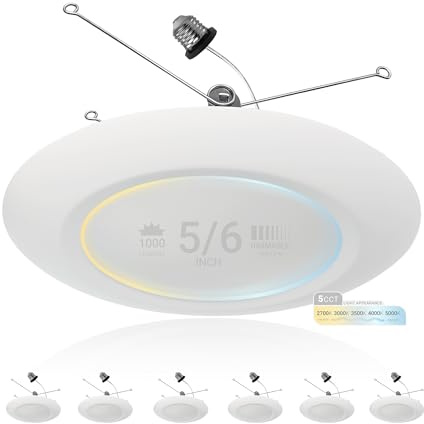 NUWATT 5/6 Inch Flush Mount Ceiling Light Disk LED Can Light Replacement, Connects to 3o/4o Junction Box or Recessed Lighting Socket, Dimmable 1100 Lumens Disc Lights, Color Selectable 5 CCT, 6 Pack
