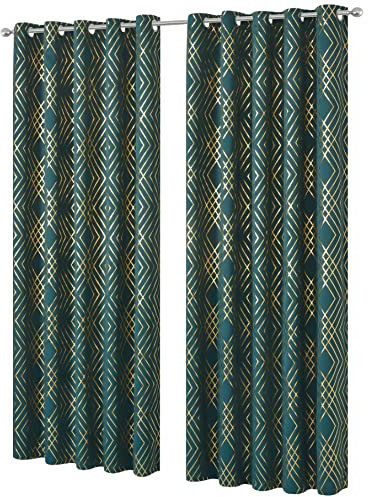 Olivia Rocco Geo Blackout Eyelet Curtains Metallic Printed Thermal Insulated Ring Top Black Out Curtain Pair Room Darkening Window Treatment For Living And Bedroom, Emerald Green 55 x 90