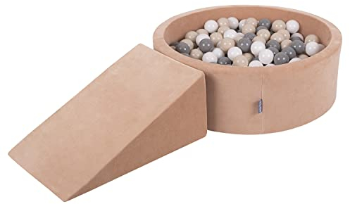 KiddyMoon Spielplatz Velvet Aus Schaumstoff Rund Bällebad Bällebad (200 Bälle) + Zwickel Ballgruben Babys Spielbad, Wüstenrosa: Pastellbeige/Grau/Weiß