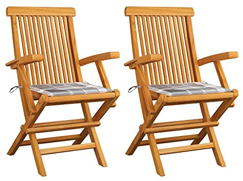 IBUQDDV 2 Stück Gartenstühle aus Massivholz Teak mit Grauen Karomuster-Kissen – Wetterbeständige Klappstühle für Terrasse Garten und Innenhof – Langlebige Holzstühle mit Polsterung