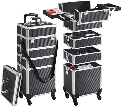 Yaheetech 5-in-1 Makeup Train Cases Beauty Cosmetics Rolling Case Professional Hairdressing Trolley with Key Locks