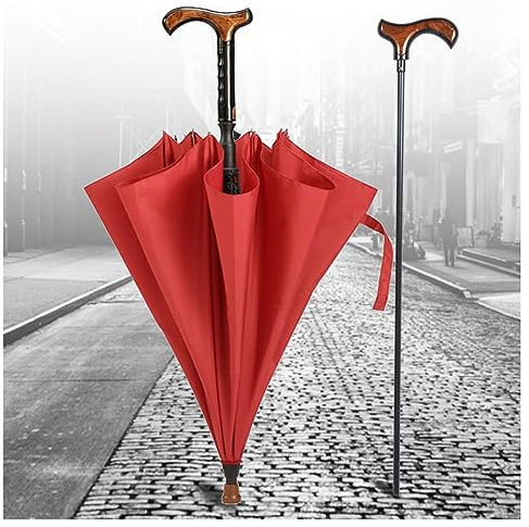AVIITI Bastone Da Passeggio Antiscivolo 2 in 1 Ombrello, Ombrellone A Stampella Multifunzionale Con Manico Lungo E Asta Dritta, Grande Regalo Per Uomini, Donne,Rosso,86cm/33.8inch
