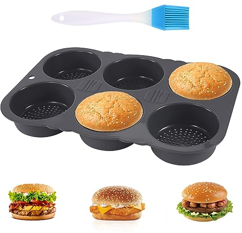 Moule à Pain Hamburger, Moule pour Burger Bun en Silicone Rond 10 cm Ø, Plaque pour Pains Burger avec Brosse à Huile en Silicone, pour Pain, Pains à Hamburgers, Cupcakes, Noir (34.5 x 23.5 x 4cm)